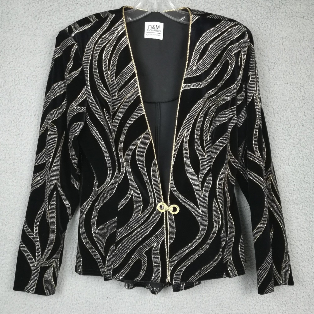 R&M Richards Karen Kwong Womens Suit Jacket Blazer Velvet Black Glitter Gold XS